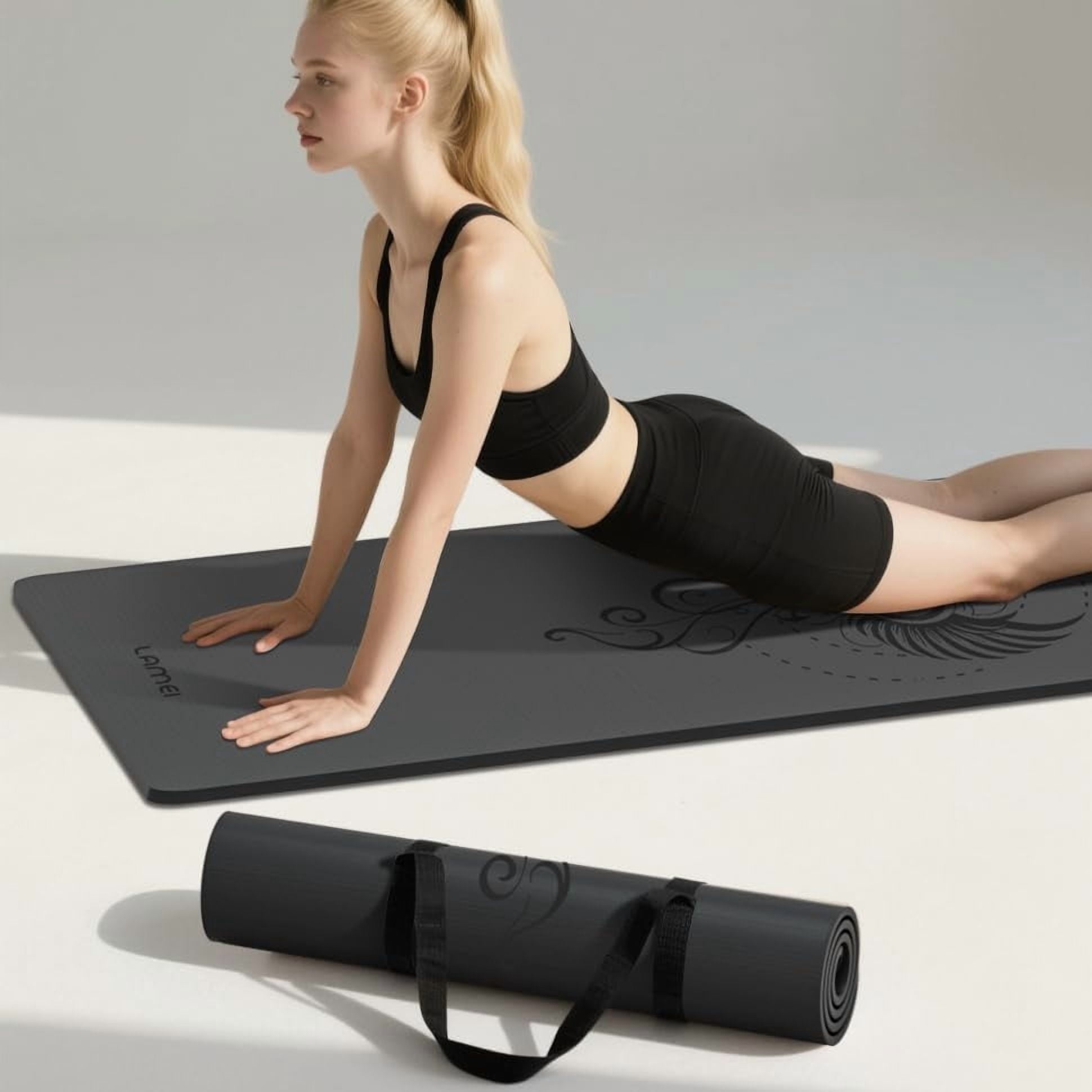 Lamei Thick Yoga Mat 10mm with Exclusive Printed Designs - Non Slip Exercise Mat for Home Gym & Travel, TPE Eco Friendly with Carry Strap, for Yoga Pilates Stretching, Black
