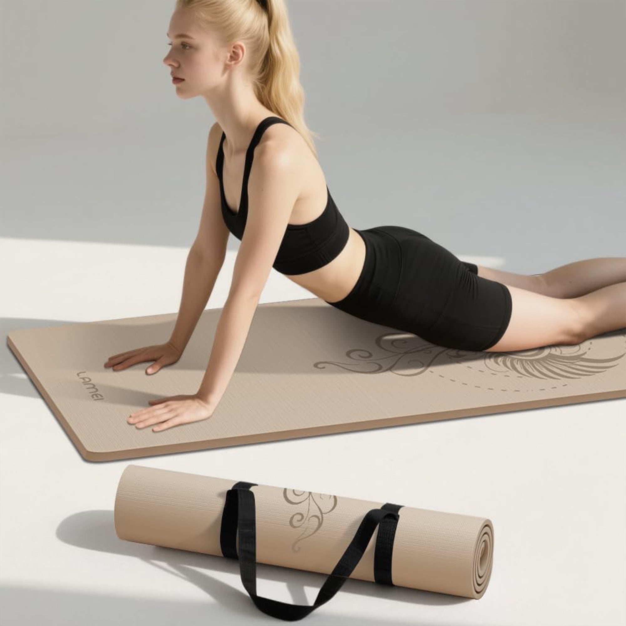 Lamei Thick Yoga Mat 10mm with Exclusive Printed Designs - Non Slip Exercise Mat for Home Gym & Travel, TPE Eco Friendly with Carry Strap, for Yoga Pilates Stretching, Bronze