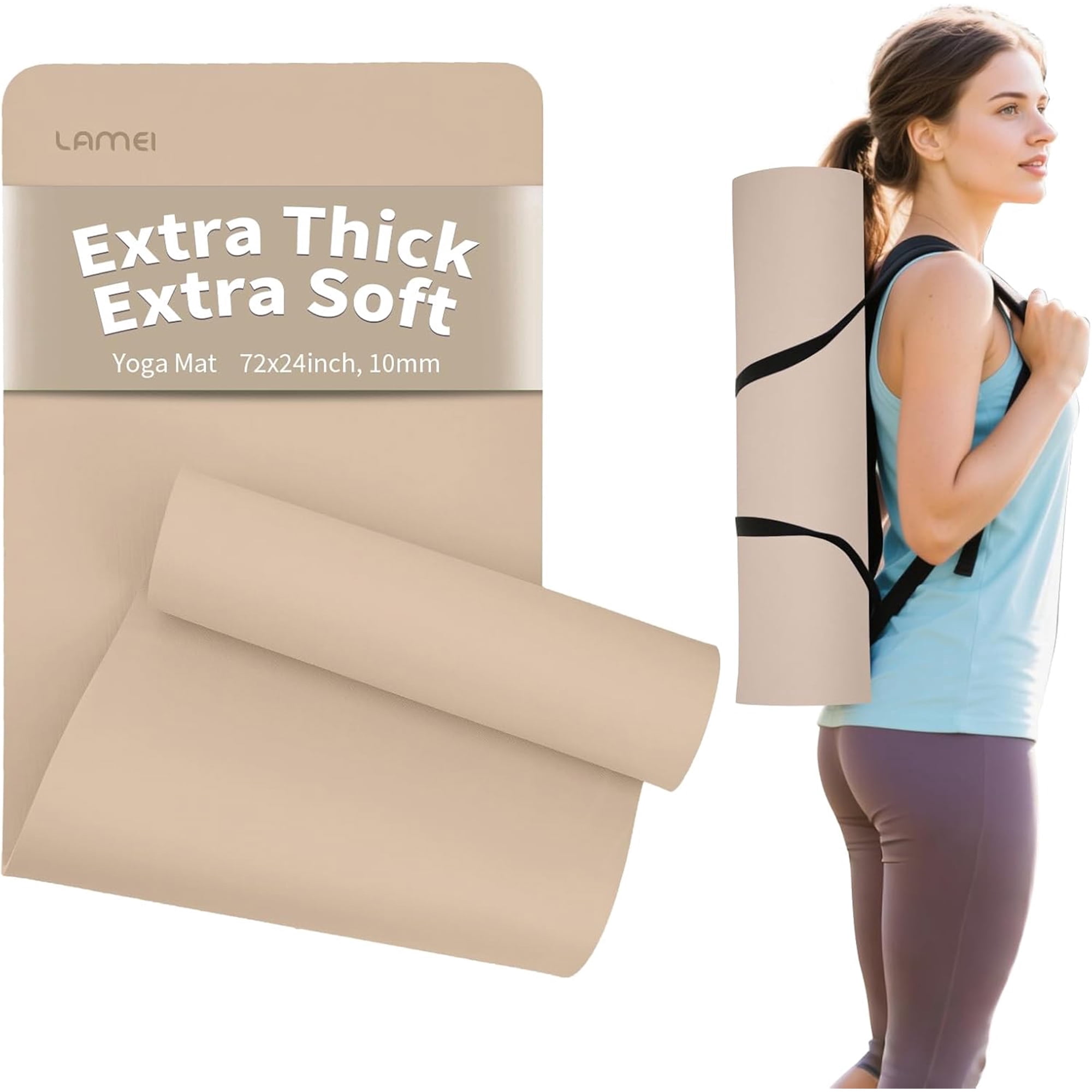 Lamei Yoga Mat,10mm Extra Thick Non Slip,Durable TPE Exercise Mats for Home Workout,Includes Straps for Carryingr, Eco-Friendly Travel Pilates(Bronze)