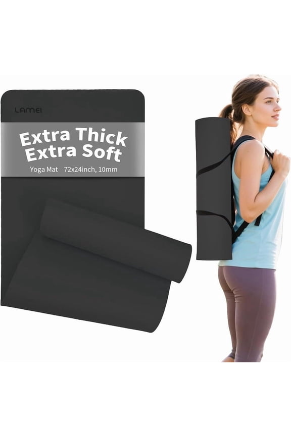 Yoga Mat,10mm Thick Non-Slip,Durable TPE Exercise Mat for Home Gym Travel,Includes Yoga Mat Carrier Strap, Eco-Friendly Workout Mats, Pilates, Stretching Barefoot Meditation(Black)