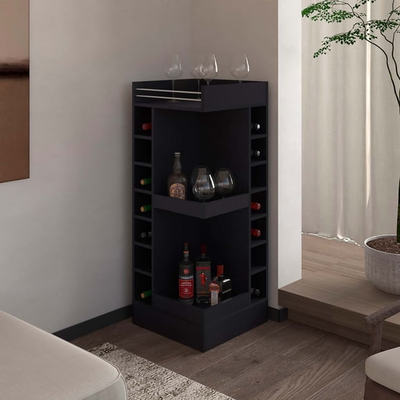 FM FURNITURE Lamer Corner Bar Cabinet with Wine Rack Engineered Wood Black