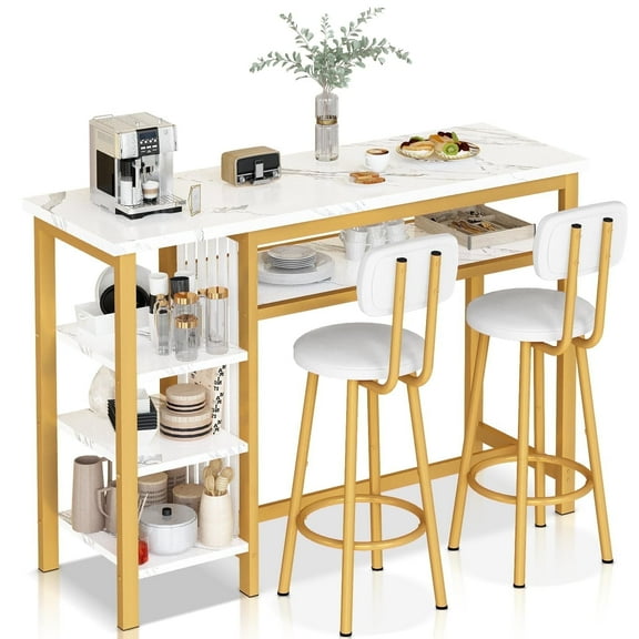 Lamerge 2-Person Dining Set, 3-Piece Bar Table and Chair Set, Kitchen Counter-Height Dining Table Set, Compact Kitchen Dining Table with Storage, Small Space Breakfast Nook Set, White/Gold
