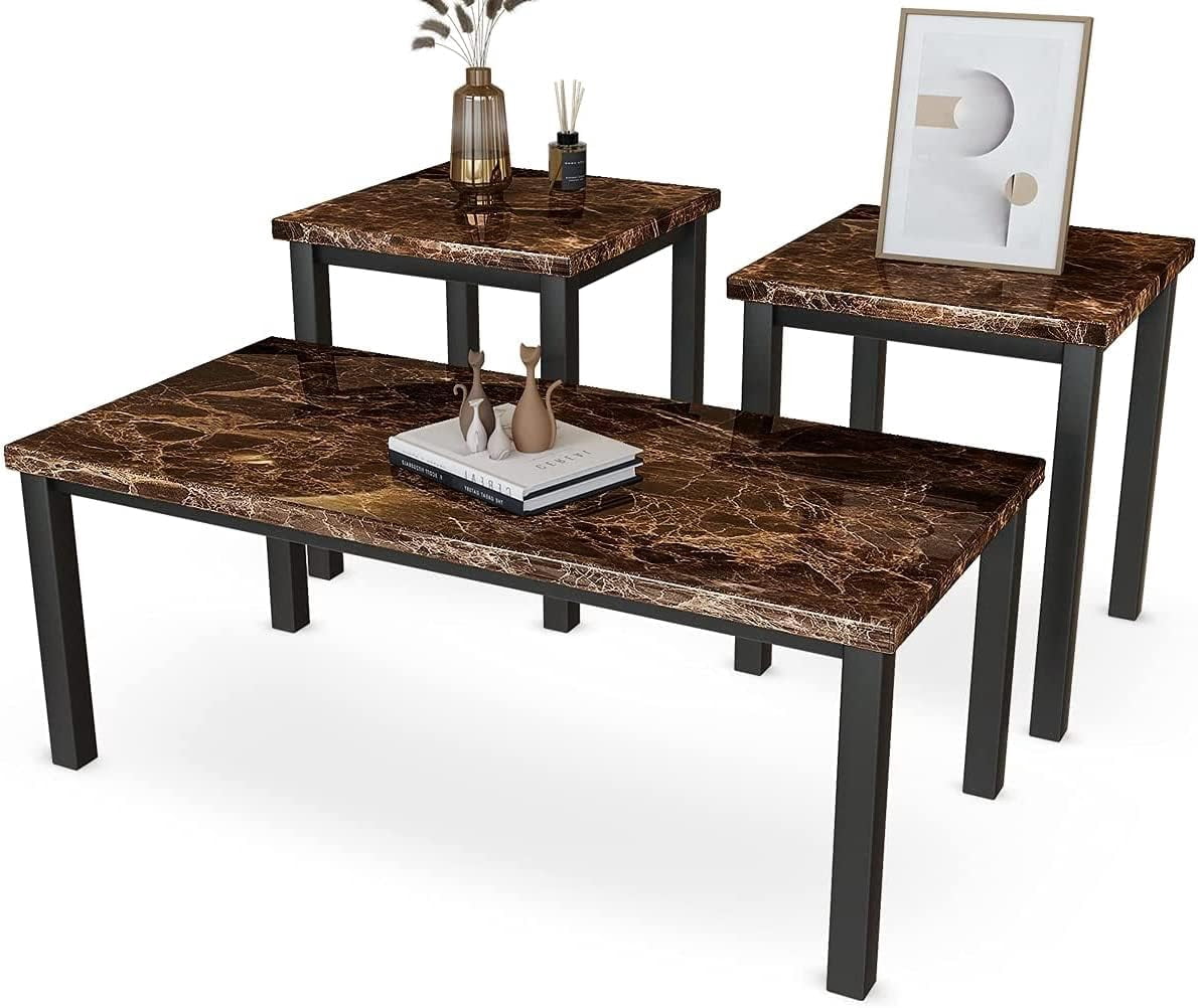 Lamerge 3 Piece Coffee Table Set, Faux Marble Tabletop Style with Black Metal Frame Sofa Side Tables Perfect for Living Room Accent Furniture,Includes Table & 2 End Tables, Brown
