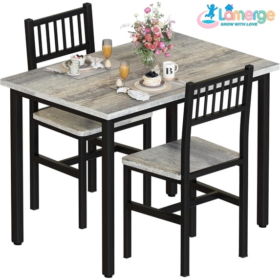 Lamerge 3 Piece Dining Table Set, Rustic Kitchen Table and Chairs Set, Thickened Solid Wood Carbon Plate, Breakfast Table Set for Small Spaces, Dining Room, Kitchen, Rustic Gray