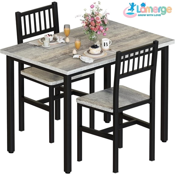 Lamerge 3 Piece Dining Table Set, Rustic Kitchen Table and Chairs Set, Thickened Solid Wood Carbon Plate, Breakfast Table Set for Small Spaces, Dining Room, Kitchen, Rustic Gray