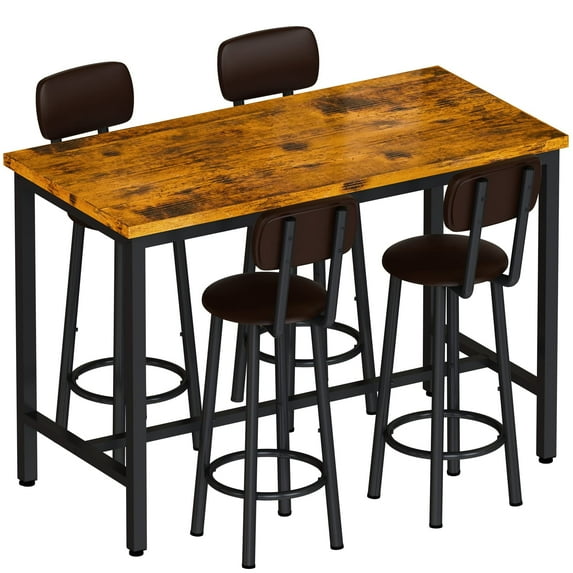 Lamerge 43.3” Dining Table Set for 4, Rectangle Bar Table with 4 PU Leather Backrest Stools, Pub Dining Room Table Set for Kitchen, Bar, Breakfast Nook, Small Space, Rustic Brown