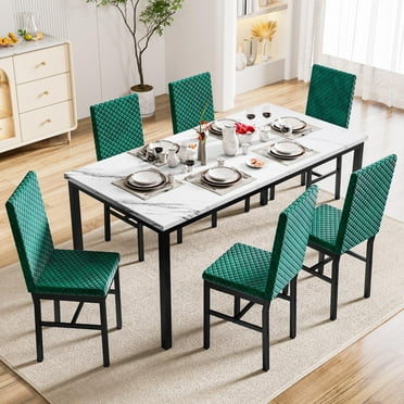 Lamerge 7 Piece Dining Table Set , Modern Dining Room Table Set for 6, Faux Marble Kitchen Dining Table and 6 Upholstered Velvet Chairs for Big Family, White & Blue