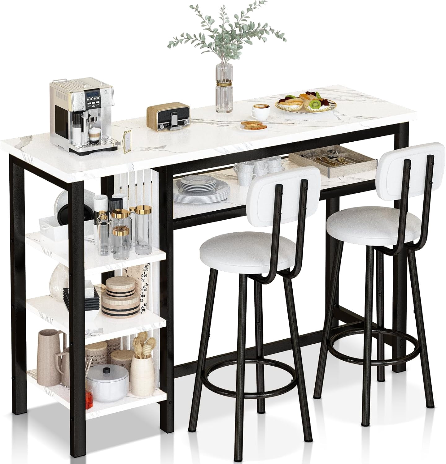 Lamerge Bar Dining Table Set for 2, 3 Piece Bar Table and Chairs Set, Kitchen Counter Height Dining Table Set, Small Kitchen Bar Table with Storage, Breakfast Nook Set for Small Space, White+Black