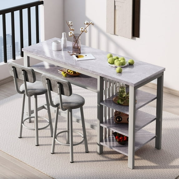 Lamerge Bar Dining Table Set for 2, 3 Piece Bar Table and Chairs Set, Kitchen Counter Height Dining Table Set, Small Kitchen Bar Table with Storage, Breakfast Nook Set for Small Space, gray