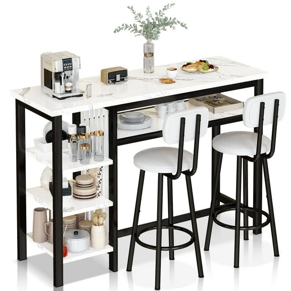 Lamerge Bar Dining Table Set for 2, 3 Piece Bar Table and Chairs Set, Kitchen Counter Height Dining Table Set, Small Kitchen Bar Table with Storage, Breakfast Nook Set for Small Space, White+Black