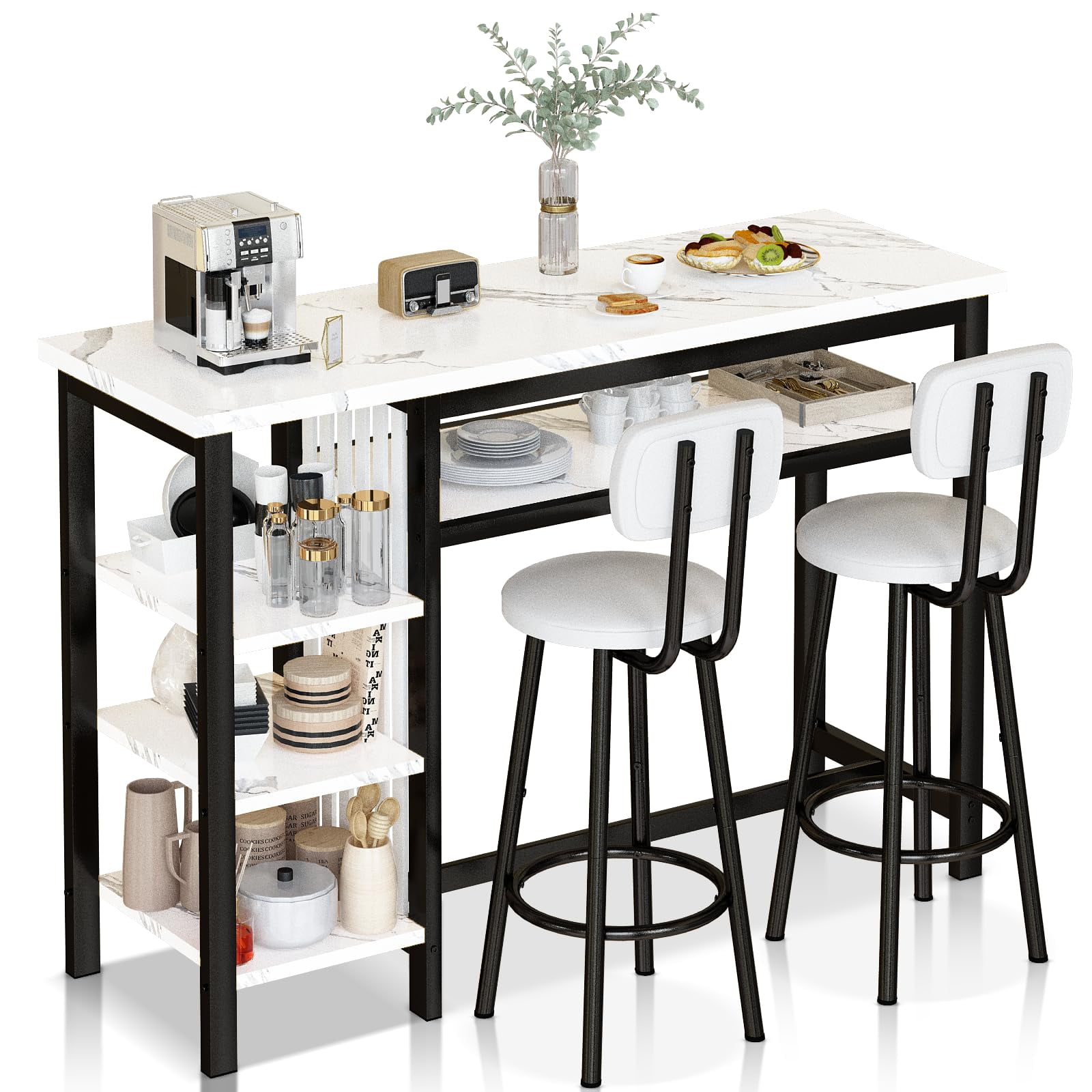 Lamerge Bar Dining Table Set for 2, 3 Piece Bar Table and Chairs Set, Kitchen Counter Height Dining Table Set, Small Kitchen Bar Table with Storage, Breakfast Nook Set for Small Space, White+Black