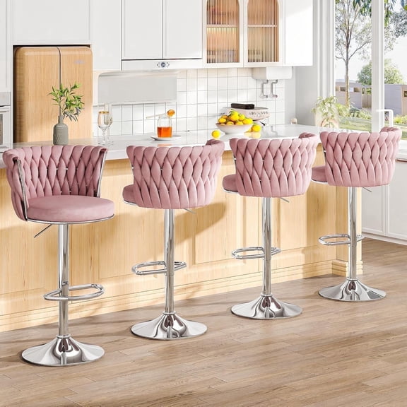 Lamerge Bar Stool Set of 2, Velvet Swivel Bar Chairs Counter Height Barstools with Back & Footrest, Adjustable Counter Stools Island Chairs for Kitchen, Bar, Dining Room， pink