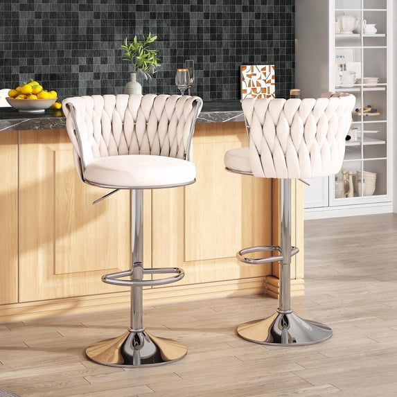 Lamerge Beige Bar Stool Set of 2, Velvet Swivel Bar Chairs Counter Height Barstools with Back & Footrest, Adjustable Counter Stools Island Chairs for Kitchen, Bar, Dining Room