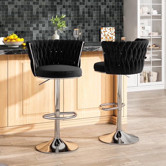 Lamerge Black Bar Stool Set of 2, Velvet Swivel Bar Chairs Counter Height Barstools with Back & Footrest, Adjustable Counter Stools Island Chairs for Kitchen, Bar, Dining Room