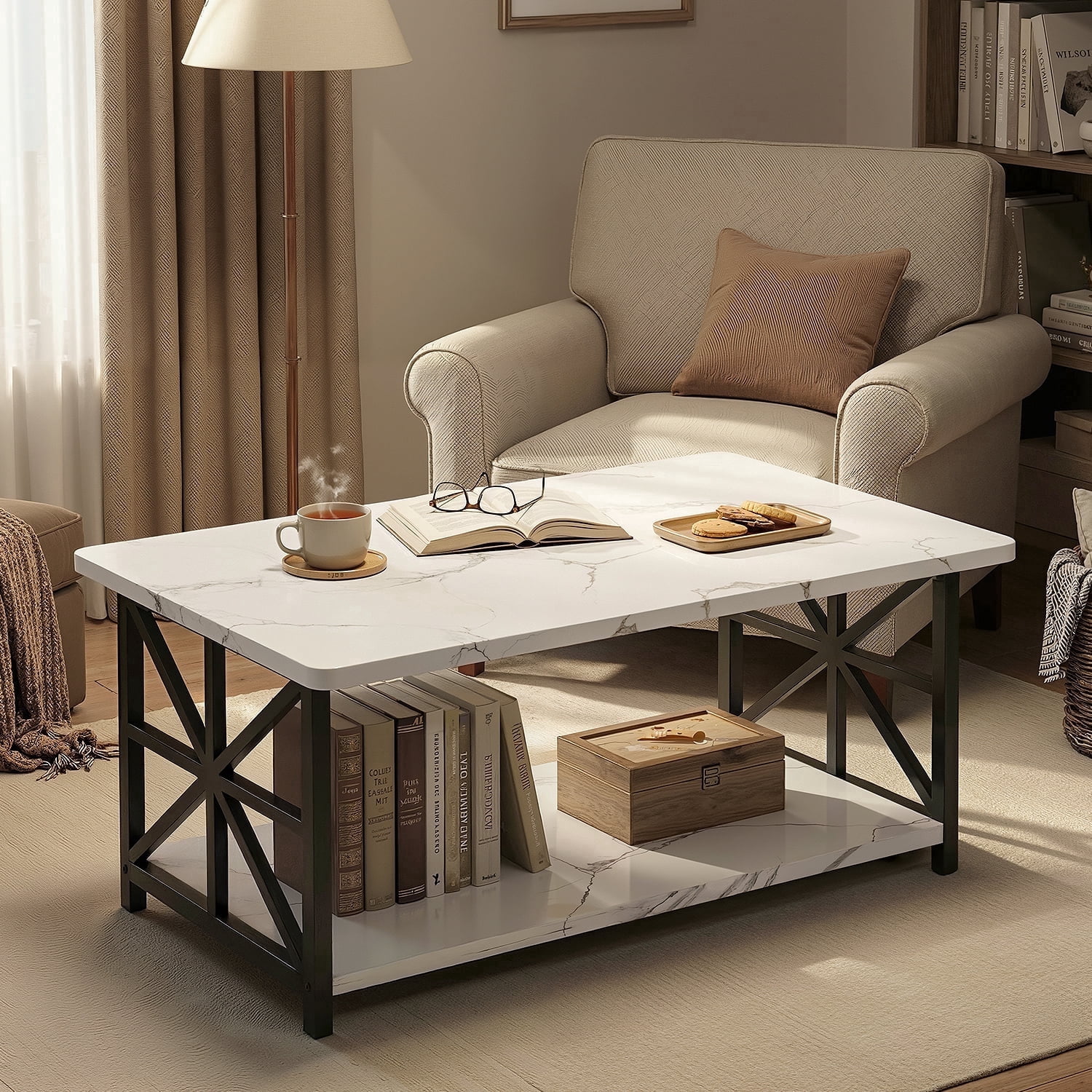 Lamerge Coffee Table with Round Corners, 2 Tier Coffee Table with Storage Shelf, Rectangular Center Table for Living Room Modern Style, Marble Tea Table 39.37 × 21.65 Inches, Easy to Assemble, White