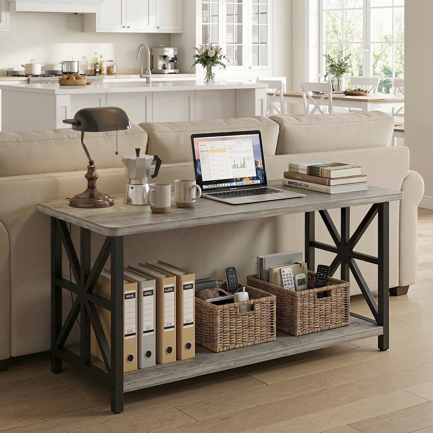 Lamerge Coffee Table with Round Corners, 2 Tier Coffee Table with Storage Shelf, Rectangular Center Table for Living Room Modern Style, Marble Tea Table 39.37 × 21.65 Inches, Easy to Assemble, Grey