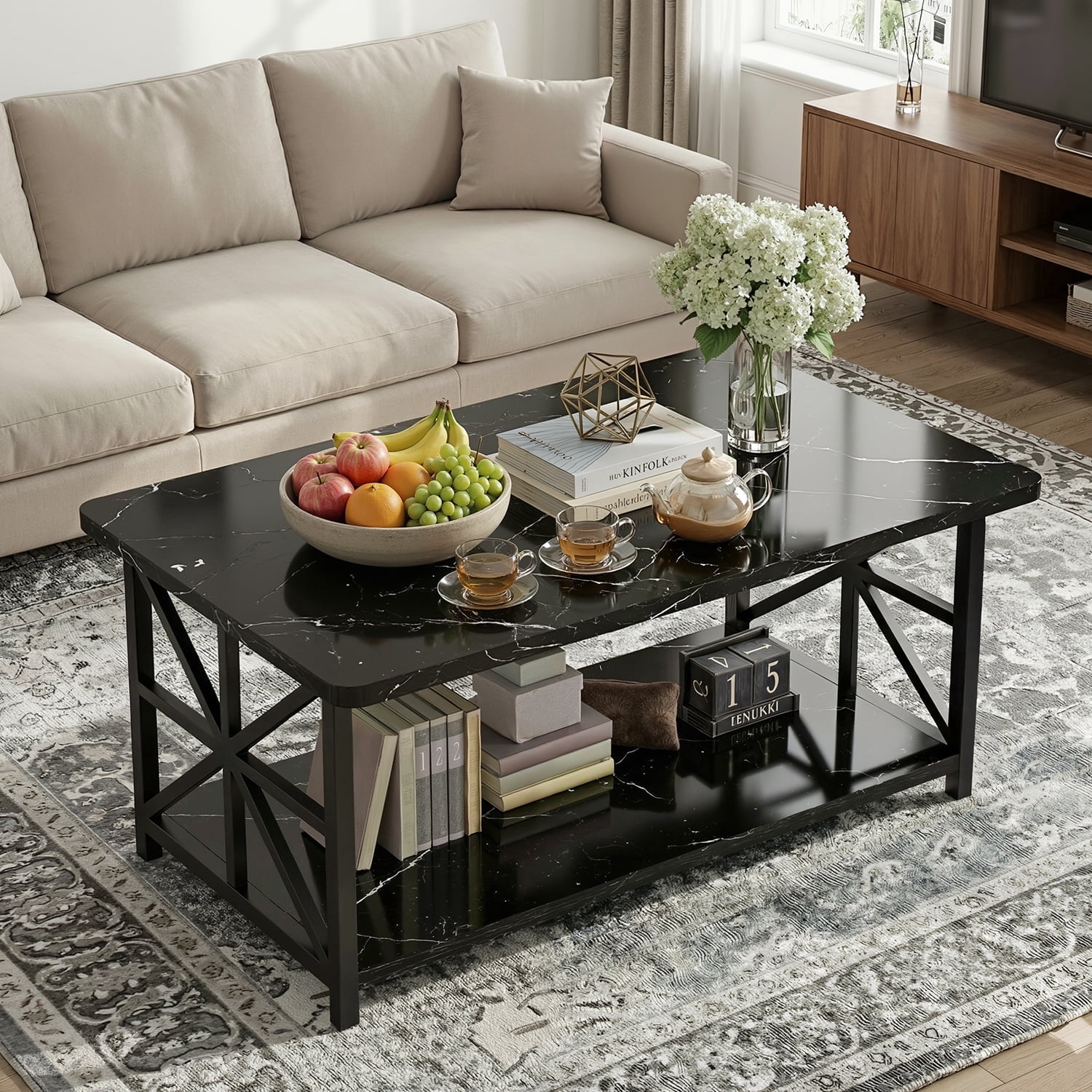 Lamerge Coffee Table with Round Corners, 2 Tier Coffee Table with Storage Shelf, Rectangular Center Table for Living Room Modern Style, Marble Tea Table 39.37 × 21.65 Inches, Easy to Assemble, Black
