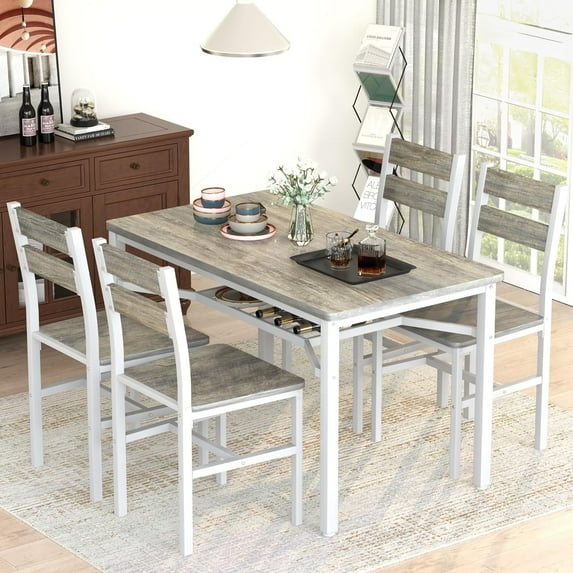 Lamerge Dining Table Set for 4, 47 Inch Kitchen Dining Table Set, Farmhouse Style Dining Table with 4 PU Leather Dining Chairs for Small Spaces, Apartments, Breakfast Corners, Kitchens. Gray/White