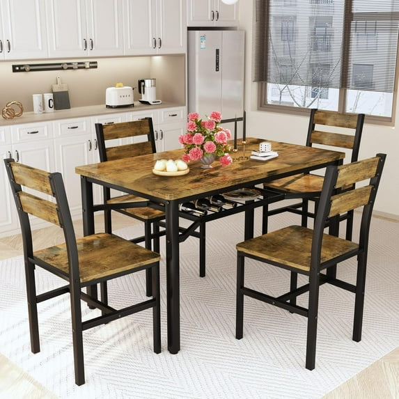 4-Person Rustic Kitchen Dining Table Set, Wooden Table and Chair Set, Brown