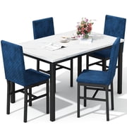 Lamerge Dining Table Set for 4, Kitchen Table and Chairs Set of 4, Faux Marble Dining Room Table Set with 4 Upholstered Velvet Chairs for Home Kitchen, White & Blue