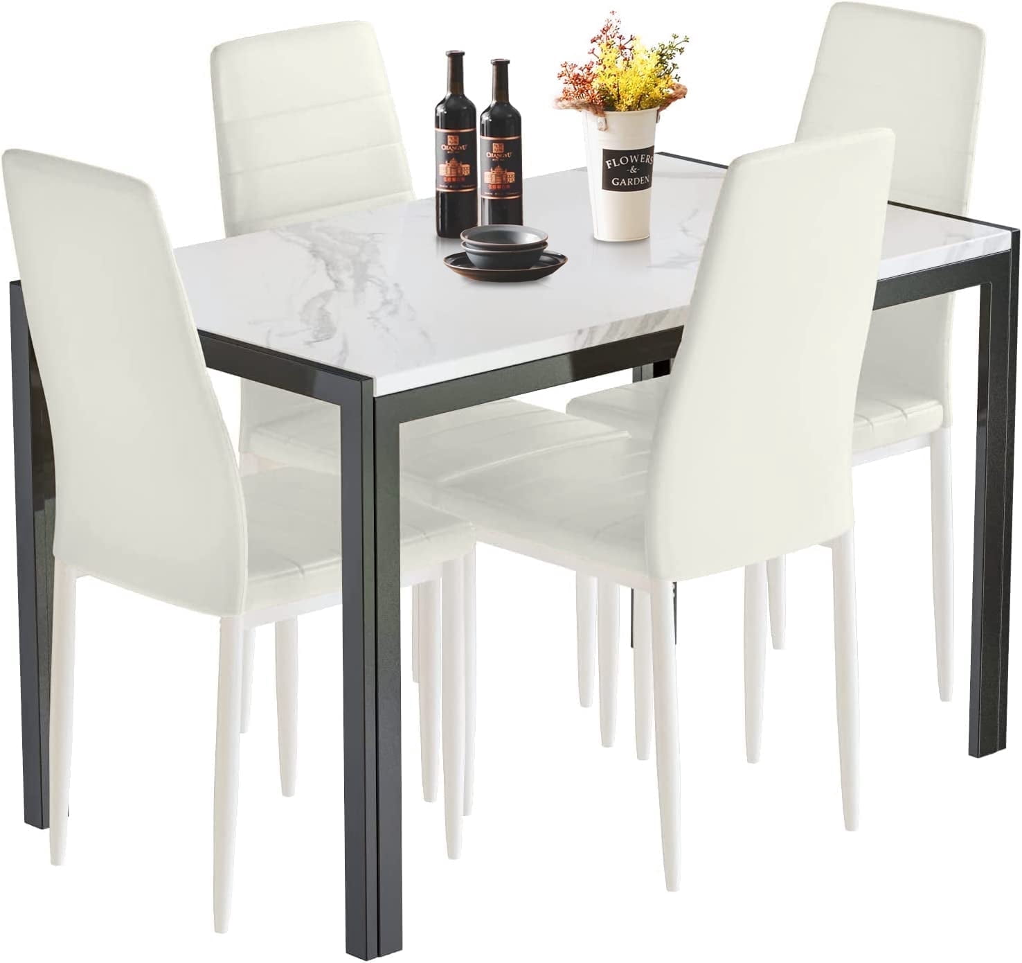 Lamerge Dining Table Set for 4, Kitchen Table and Chairs Set of 4, Faux ...