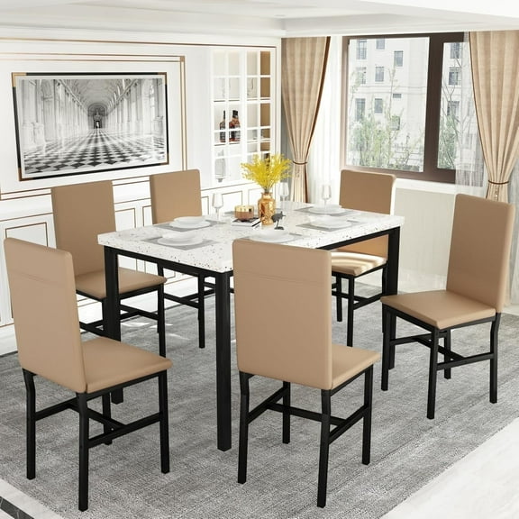 Lamerge Dining Table Set for 6,Faux Marble Dining Room Table with 6 PU Leather Chairs, 7-Piece Kitchen Table and Chairs Set for Small Space,White & Khaki