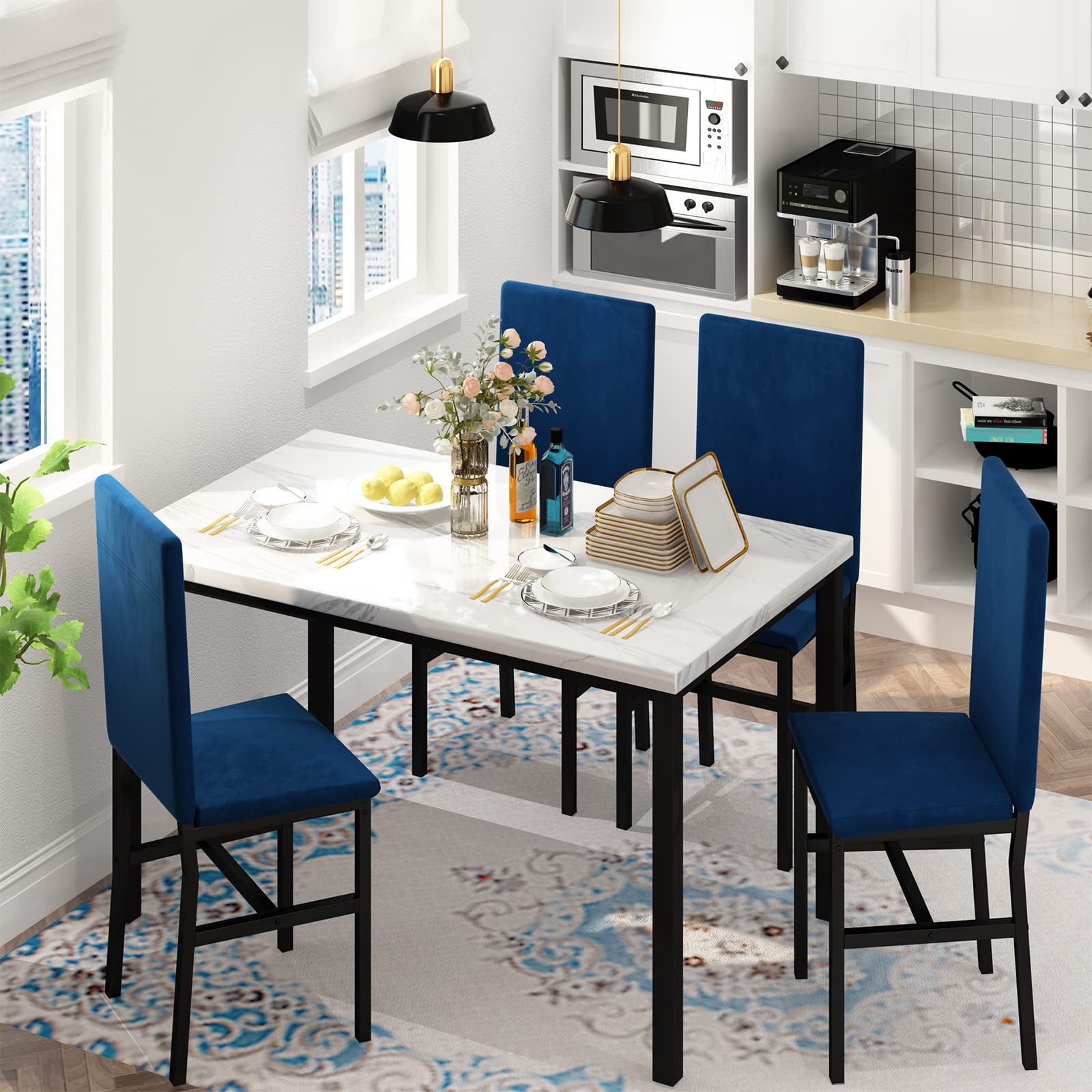 Lamerge Dining Table Set for 4 Modern Kitchen Table and Chairs Set of 4 Space Saving 5 Piece Dining Room Table Set for Small Space Apartment Blue