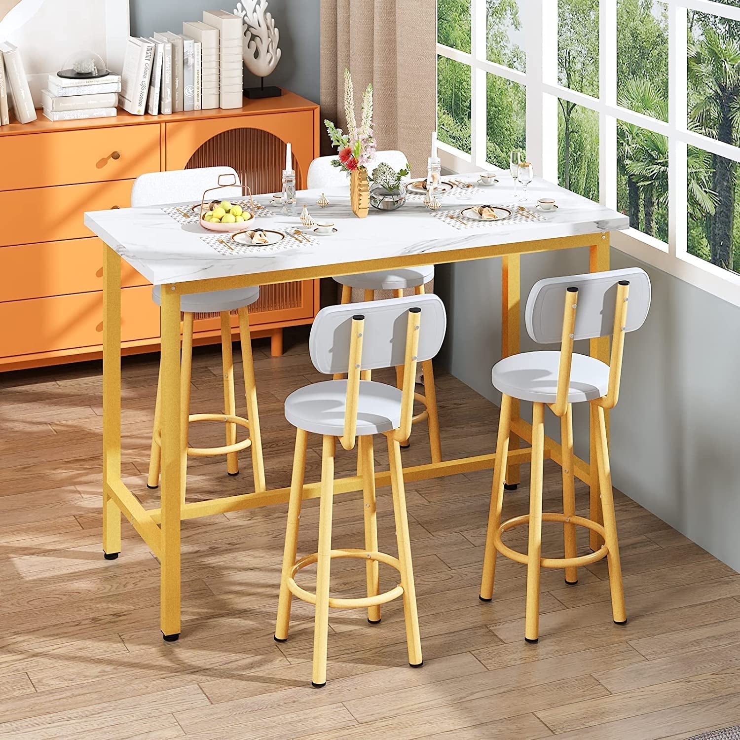 Lamerge Dining table set for 4, faux marble tavern table and chairs set, metal frame dining table with 4 high chairs for, tavern, kitchen, breakfast corner, apartment