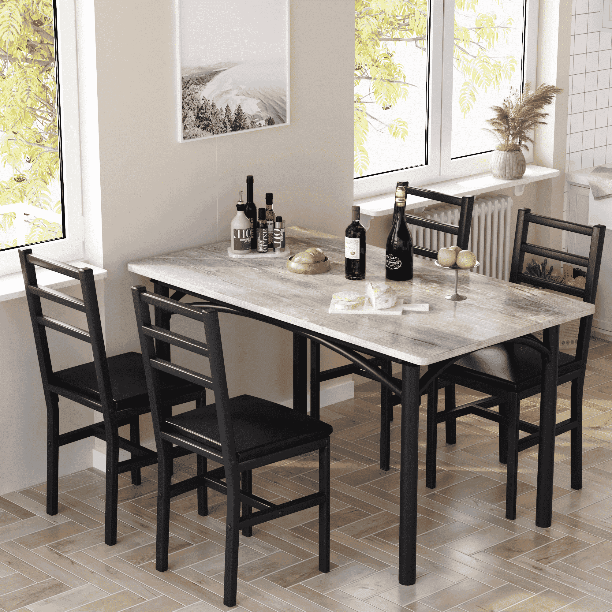 Lamerge Dining table set for 4, oak dining table set of 5 with 4 PU leather cushioned chairs, compact space dining table for small spaces, kitchen, living room, breakfast corner. Rustic Gray