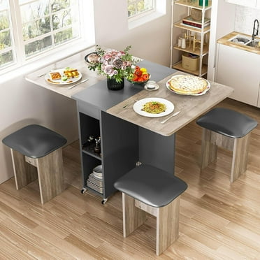 Lamerge Folding Dining Table Set for 4, Dinner Table with 4 Leather Chairs and Shelves, Space Saving Foldable Dining Table with 6 Wheels, Kitchen Table Set for Small Spaces (Grey)