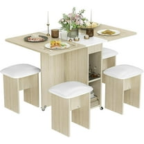 Lamerge Folding Dining Table Set for 4, Dinner Table with 4 Leather Chairs and Shelves, Space Saving Foldable Dining Table with 6 Wheels, Kitchen Table Set for Small Spaces (Off-White)