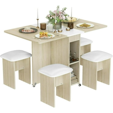 Lamerge Folding Dining Table Set for 4, Dinner Table with 4 Leather Chairs and Shelves, Space Saving Foldable Dining Table with 6 Wheels, Kitchen Table Set for Small Spaces (Off-White)