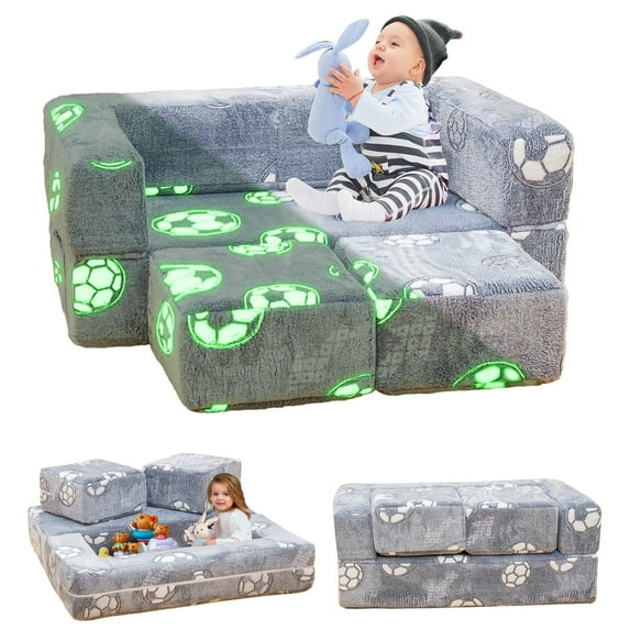 Lamerge Kids Couch for Playroom, Glow in The Dark Toddler Modular Couch, Convertible Baby Play Foam and Floor Cushion, Kids Play Sofa Couch for Nursery Bedroom (Grey+Football)