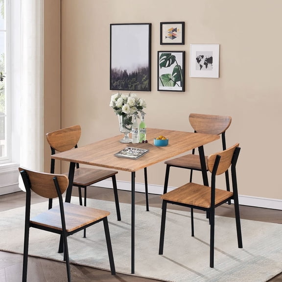 Lamerge Modern Wood and Metal Dining Room Set 5 Piece Set with 4 Oak Metal Framed Chairs Compact Space Saving for Apartments, Rental Homes, Kitchen Living Room, Breakfast Corner, Walnut Color