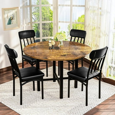 Lamerge  Round Dining Table Set for 4,Wood Round Kitchen Table and Chairs Set for 4,Modern Dining Room Table Set with 4 Faux Leather Chairs,Round Dinner Table for Small Space,Walnut