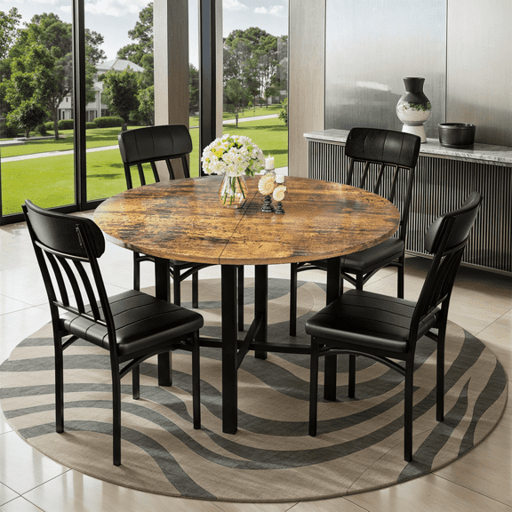 Lamerge Round Dining Table Set for 4,Wood Round Kitchen Table and Chairs Set for 4,Modern Dining Room Table Set with 4 Faux Leather Chairs,Round Dinner Table for Small Space,Brown
