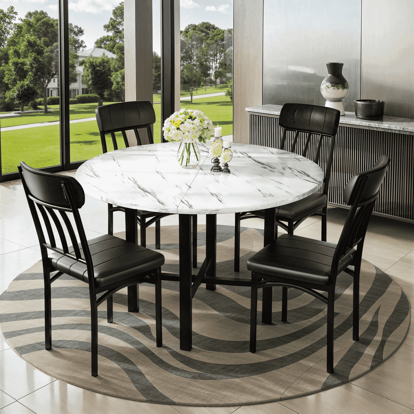 Lamerge Round Dining Table Set for 4,Wood Round Kitchen Table and Chairs Set for 4,Modern Dining Room Table Set with 4 Faux Leather Chairs,Round Dinner Table for Small Space,White