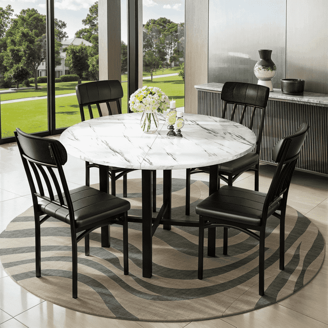 Lamerge Round Dining Table Set for 4,Wood Round Kitchen Table and Chairs Set for 4,Modern Dining Room Table Set with 4 Faux Leather Chairs,Round Dinner Table for Small Space,White