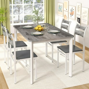 Lamerge Sets for 4, Dining Room Table with 4 PU Leather Upholstered Chairs, Modern Wood Kitchen Table and Chairs Set, Square Dinette Sets for Breakfast Nook, Gray