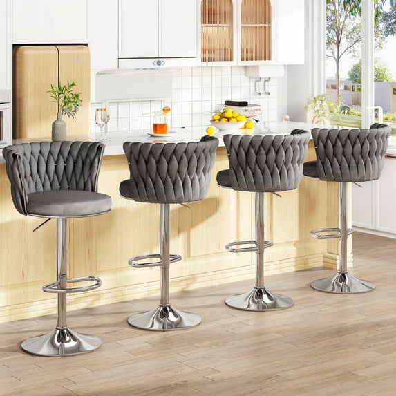 Lamerge Velvet Bar Stool Set of 4, Counter Height Barstools Adjustable Kitchen Island Chairs, Swivel Bar Stools Upholstered Bar Chairs Counter Stool Armless Chairs with Back & Footrest, Grey