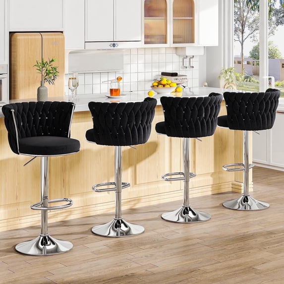 Lamerge Velvet Bar Stool Set of 4, Counter Height Barstools Adjustable Kitchen Island Chairs, Swivel Bar Stools Upholstered Bar Chairs Counter Stool Armless Chairs with Back & Footrest, Black