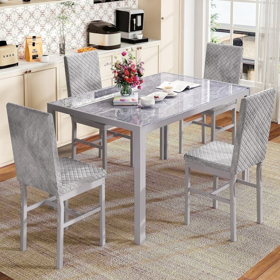 Lamerge dining table set for 4, glass dining table and chairs set with 4 velvet leather chairs for small kitchens, apartments, breakfast corners, small dining tables