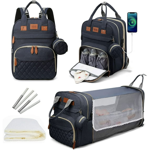 Lamgool Baby Diaper Bag Backpack with Changing Station, Baby Bag for Boys Girls, Waterproof Travel Diaper Backpack with Bassinet and Net, Blue