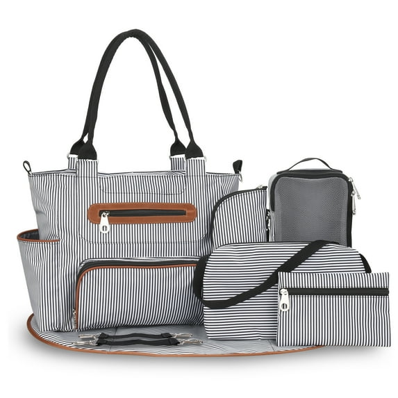 Lamgool Tote Diaper Bag Set 7 Pcs for Travel, Multifunction Baby Nappy Bag with Changing Pad, Shoulder Bag, Handbag Baby Bottle Bag, Black Stripe