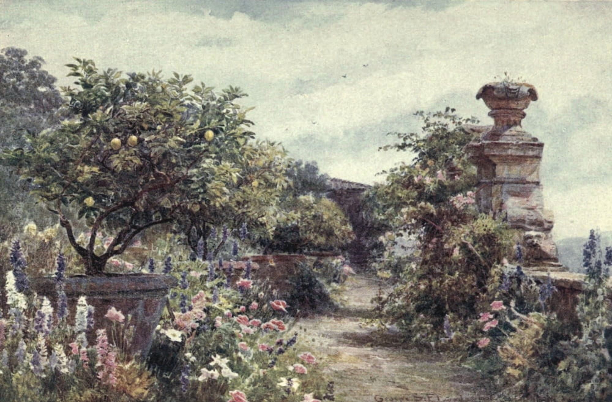 Lamias Winter-quarters 1907 Our Tuscan garden Canvas Art - George S Elgood (24 x 36)