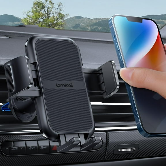 Lamicall 2025 Wider Clamp & Metal Hook Car Phone Holder Vent [Thick Cases Friendly] Phone Holders for Your Car Mount Automobile Hands Free Cradle Air Vent for  17 16 15 14 13 Pro Max Smartphone,Black