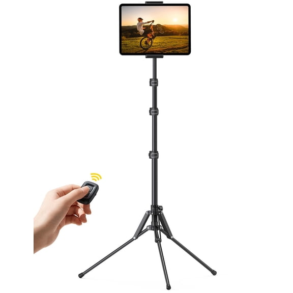 Lamicall Tablet Floor Tripod Stand - 64.9" Tablet Holder Mount with Adjustable Height for Stream/Watching with Bluetooth Remote, for Gifts: iPad Pro 12.9, Mini, Air, iPhone, 4.7-13" Tablet and Phone