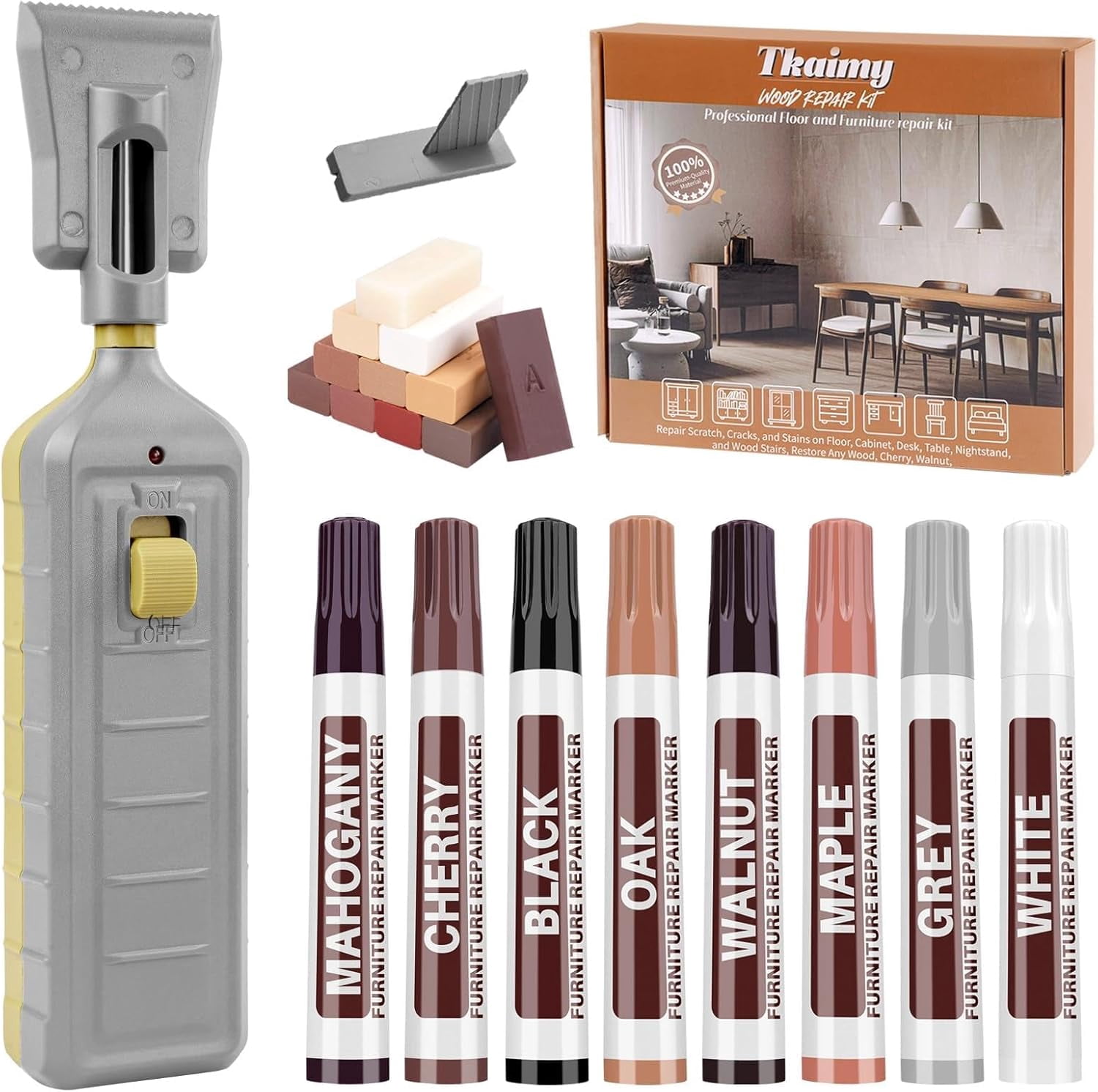 Laminate Floor Repair Kit with Heat Pen, 11 Color Wood Vinyl Furniture Linoleum Hard Wax Touch Up Marker Cover Scratches, Stains, Cracks, Holes for Door, Cabinet, Table.