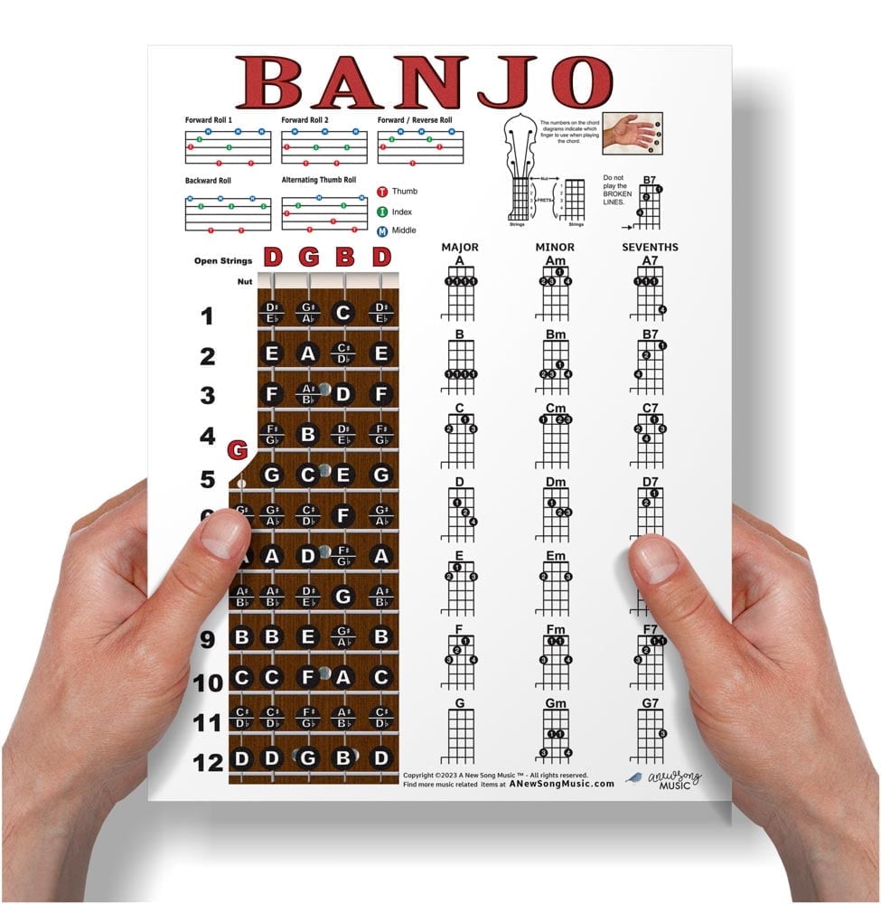 Laminated Banjo Chords Rolls and Fretboard Notes Poster - 8.5x11 ...