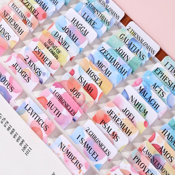 Laminated Bible Tabs, Gold Foil Embossed Lettering Bible Chapter Index Tabs for Women Men, Reposition Large Print Sticky Labels, Easy to Read and Apply, 105 Chapters Labels for Easy Navigation, Pink